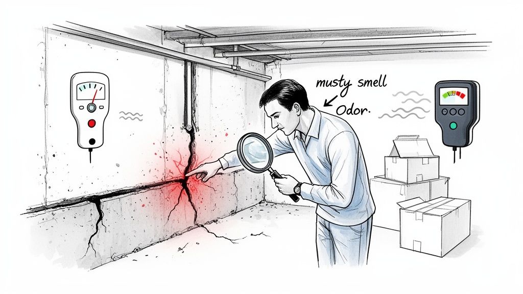 Man inspecting a cracked basement wall with a magnifying glass, showing moisture and a musty smell.