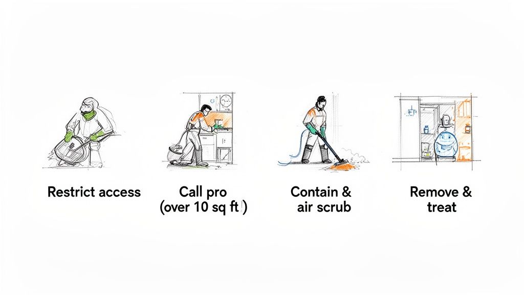 Illustrated guide showing four steps for effective mold remediation and cleanup process.