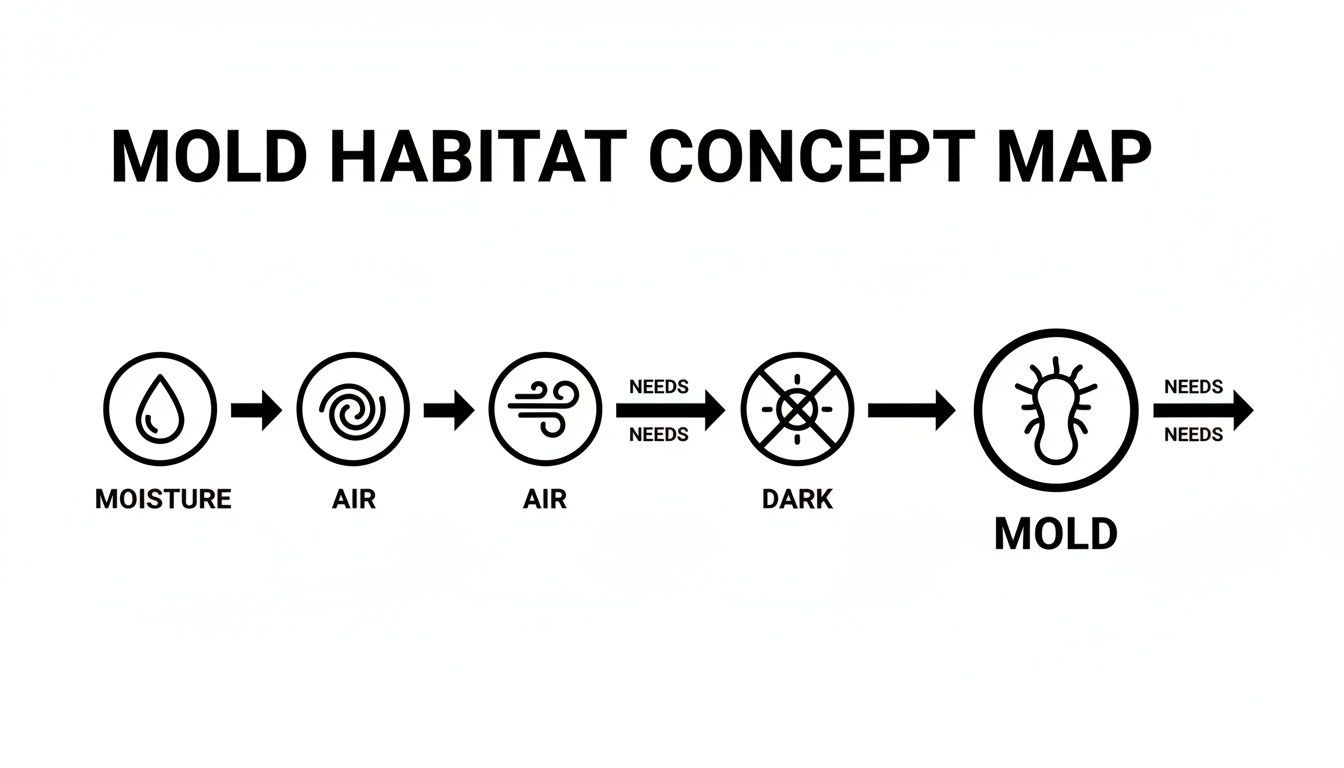 A concept map illustrating the essential conditions for mold growth: moisture, air, and darkness.