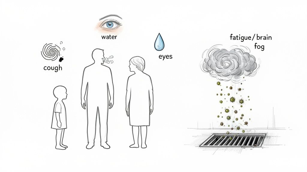 Illustration showing symptoms like cough, watery eyes, fatigue, brain fog, and germs going into a drain.