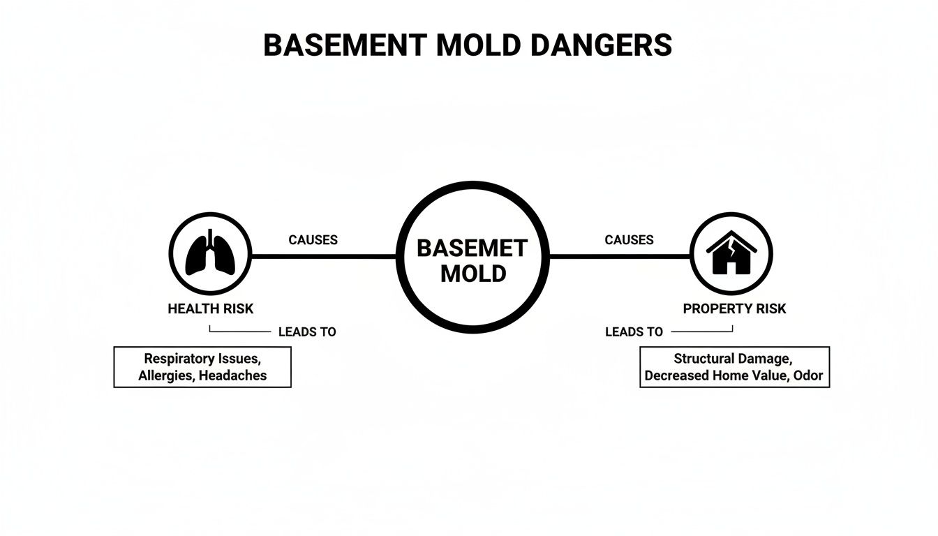 Flowchart detailing basement mold dangers, outlining health risks like respiratory issues and property damage.