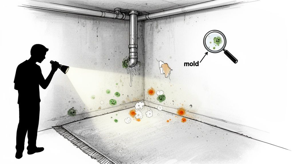 A person shines a flashlight on a damp basement corner with active mold growth and a leaking pipe.