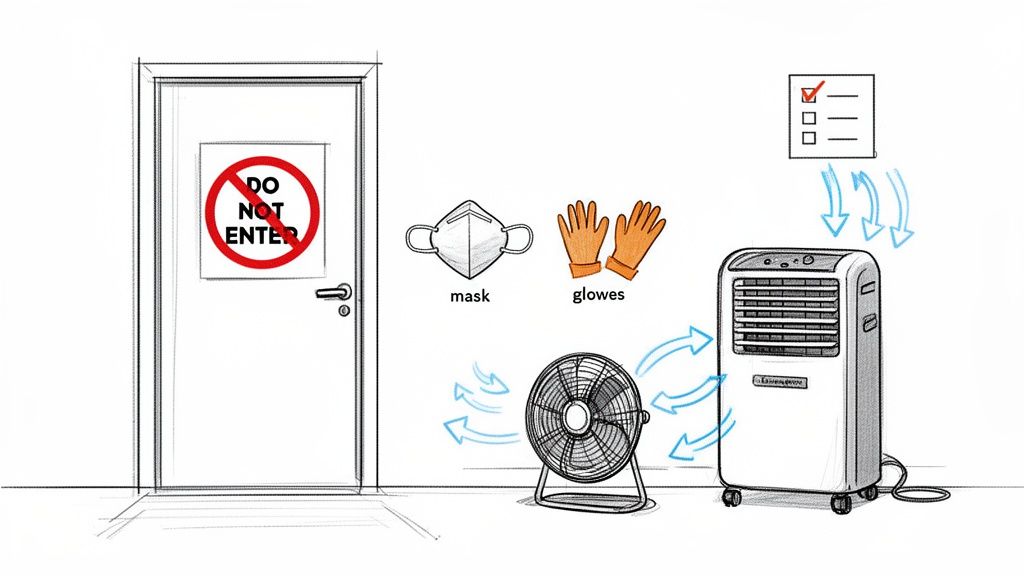 Illustrates a restricted area with PPE, air circulation equipment, and a safety checklist.