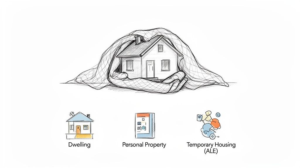 Illustration of home insurance coverage showing dwelling, personal property, and temporary housing options.