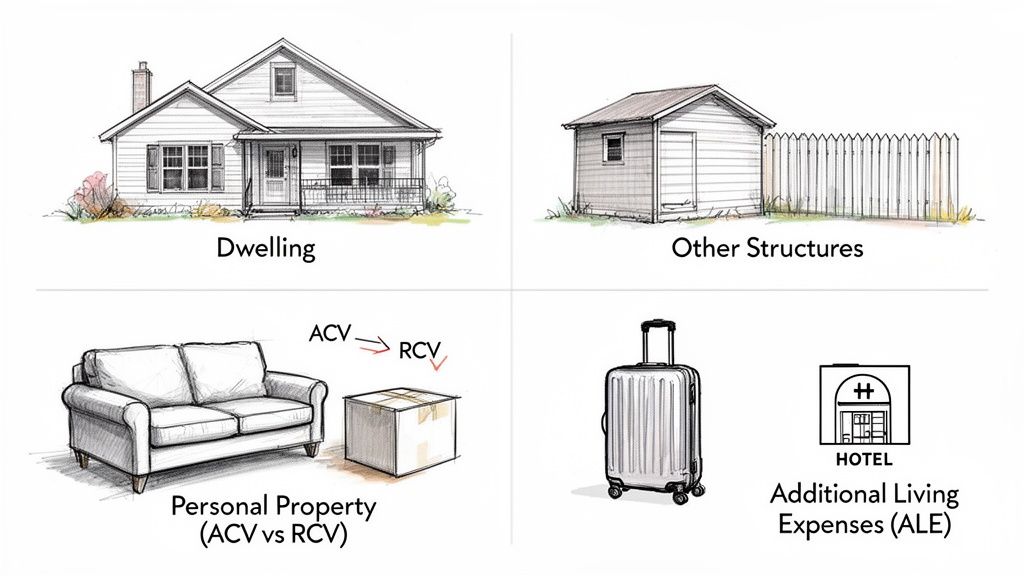 Four panels illustrating homeowners insurance coverage for dwelling, other structures, personal property, and additional living expenses.