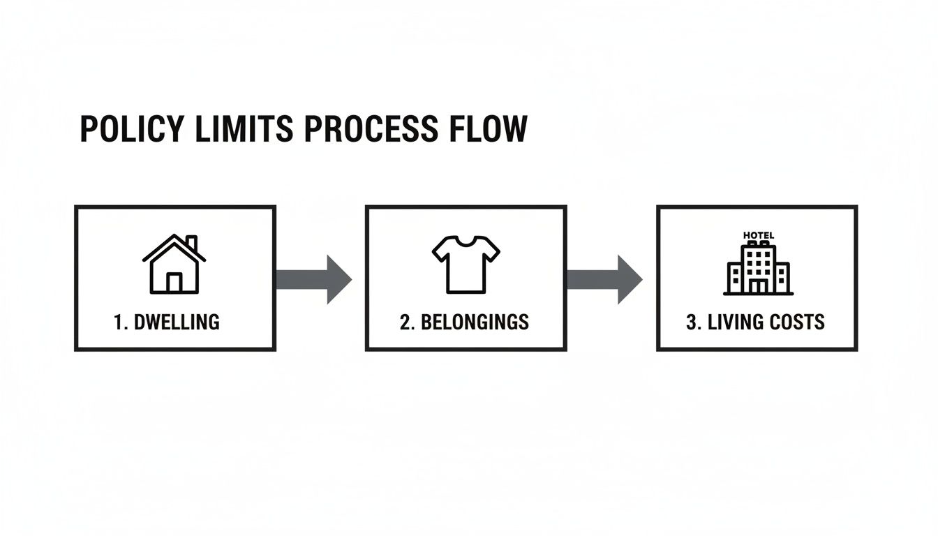 Policy limits process flow diagram detailing coverage for dwelling, belongings, and living costs with icons.