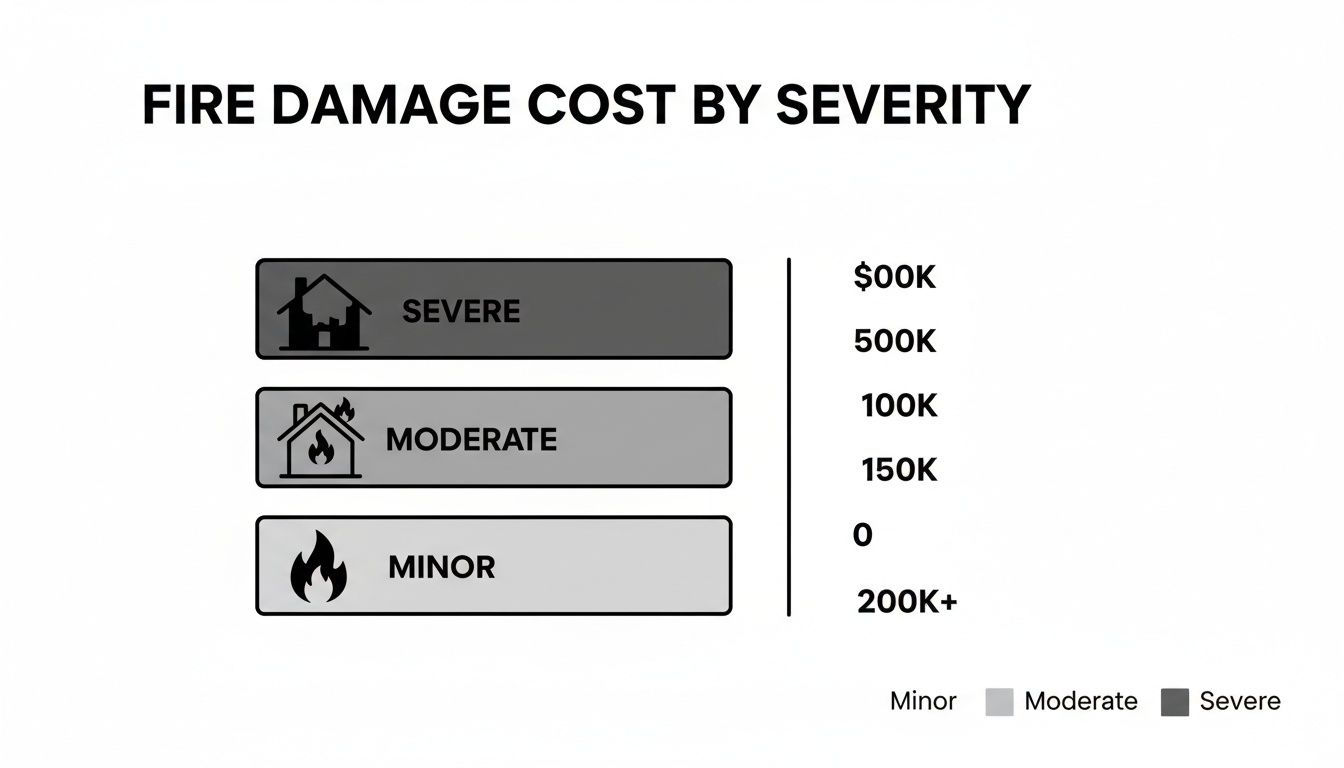 Infographic showing fire damage cost by severity, categorizing severe, moderate, and minor damage.