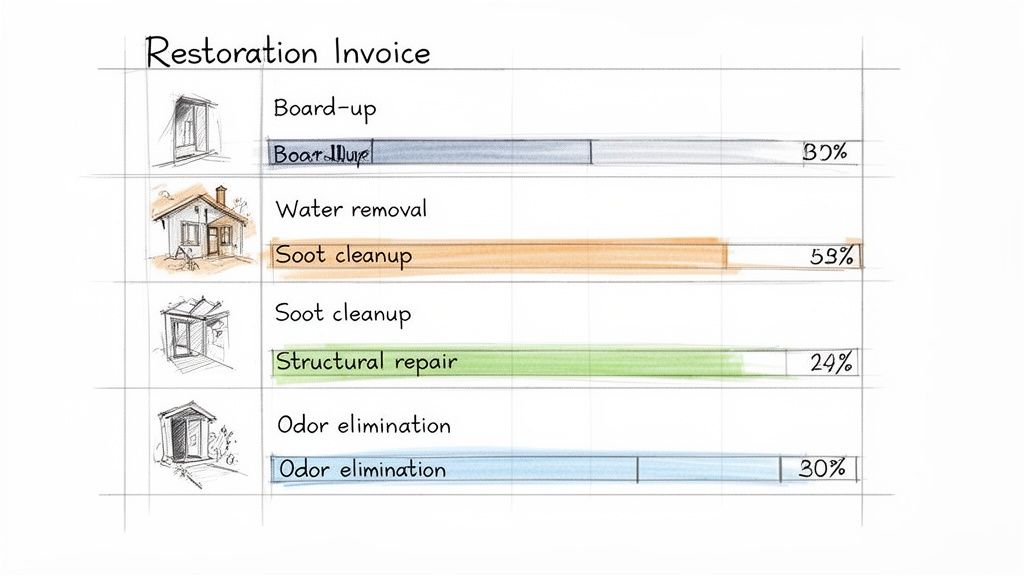 An invoice detailing restoration services, including board-up, water removal, soot cleanup, and structural repairs with percentages.