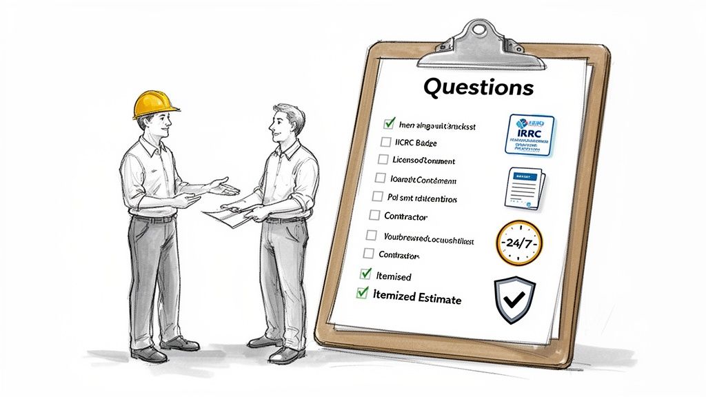 Two men discuss a checklist for a fire damage restoration estimate, featuring items like IICRC badge.