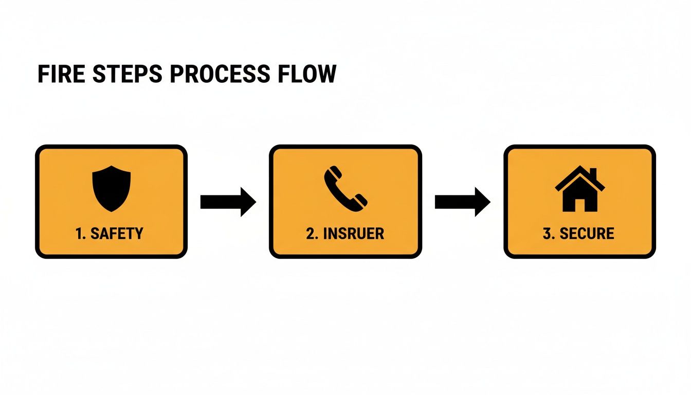 A three-step process flow for fire damage, showing safety, contacting insurer, and securing the property.