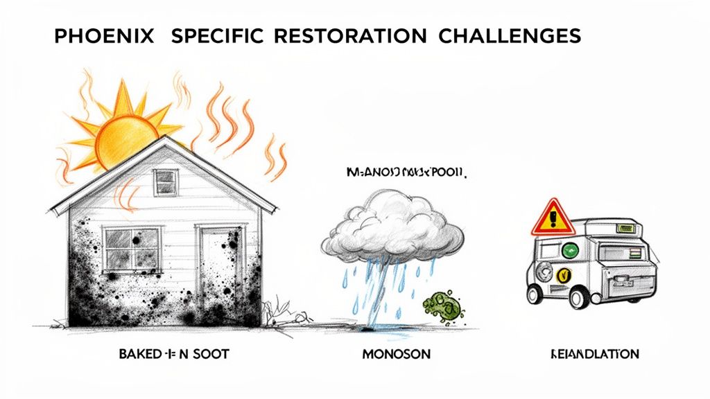 Illustration detailing Phoenix restoration challenges: baked-in soot, monsoon water damage, and logistical issues.