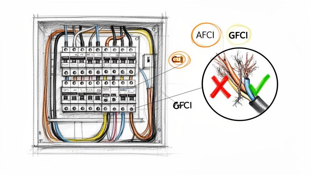 Detailed sketch of an electrical panel with circuit breakers, demonstrating AFCI and GFCI electrical safety.