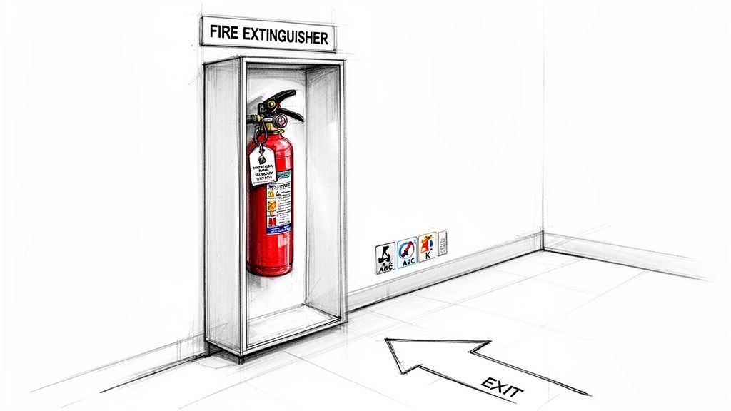 A detailed sketch showing a red fire extinguisher in a wall case, with an exit arrow.