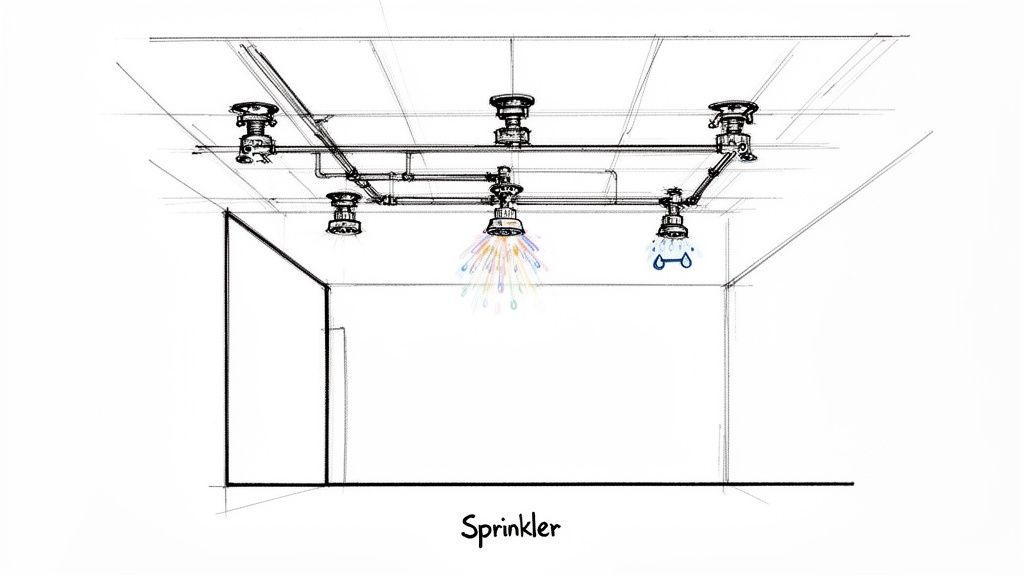 An illustration of a room with a ceiling-mounted fire sprinkler system, showing water spraying.