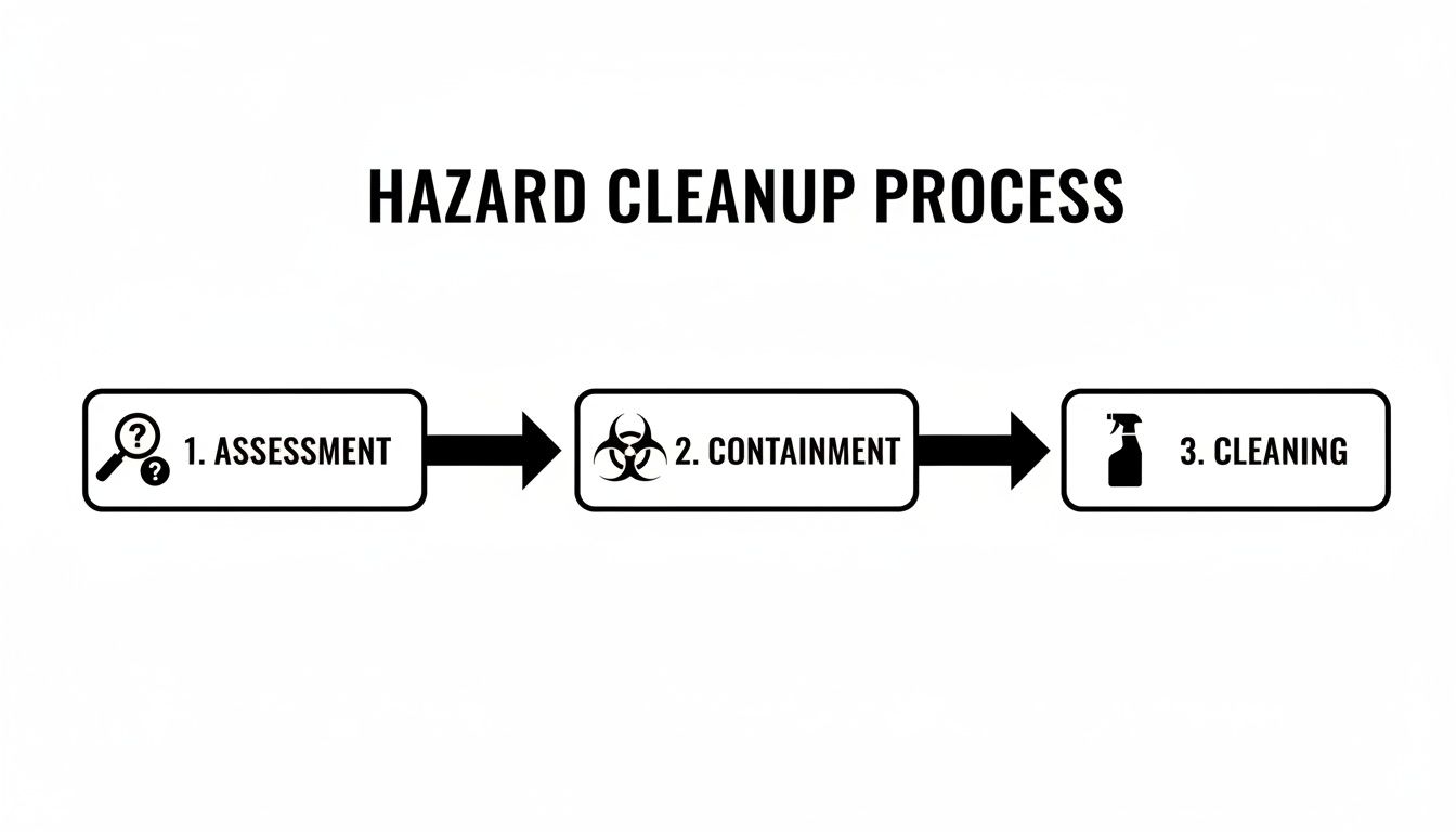 A flowchart illustrating the three-step hazard cleanup process: assessment, containment, and cleaning.