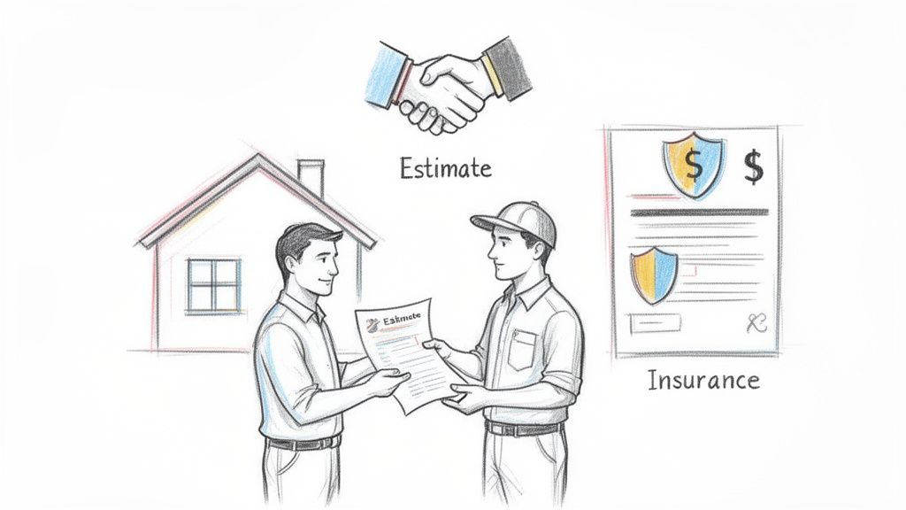 Two men exchange a service estimate in front of a house, with symbols for agreement and insurance.