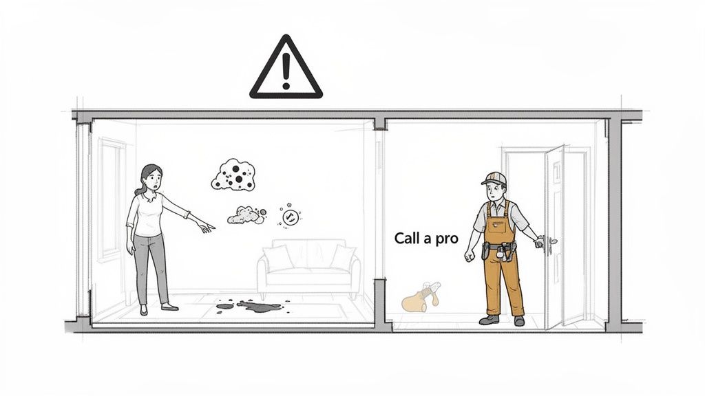 A woman points to a hazardous spill and mold in a room, while a professional is advised for cleanup.
