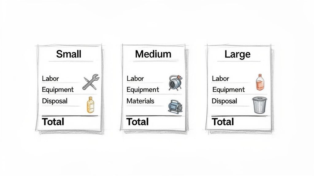 Three price cards showing cost categories for small, medium, and large service packages with related icons.
