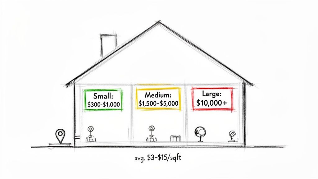 A diagram showing mold remediation costs: small ($300-$1000), medium ($1500-$5000), and large ($10,000+).
