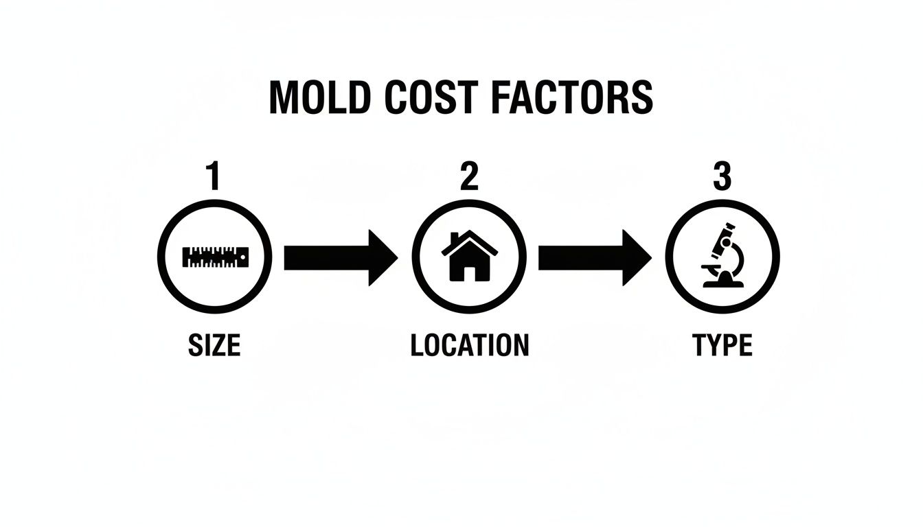Flowchart illustrating mold cost factors: size (ruler), location (house), and type (microscope) with arrows.