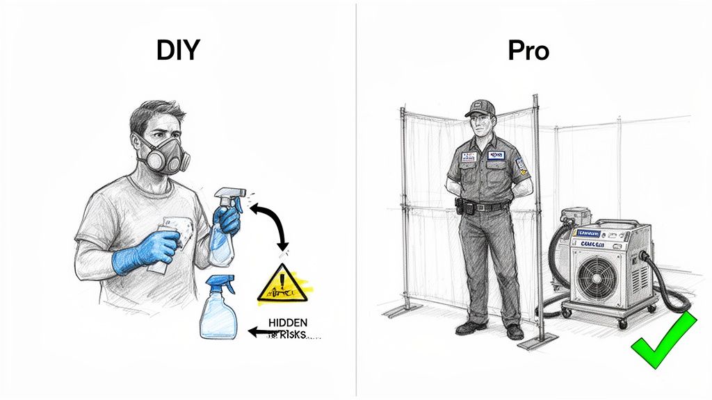 Illustration comparing risky DIY mold removal with effective professional mold remediation services.