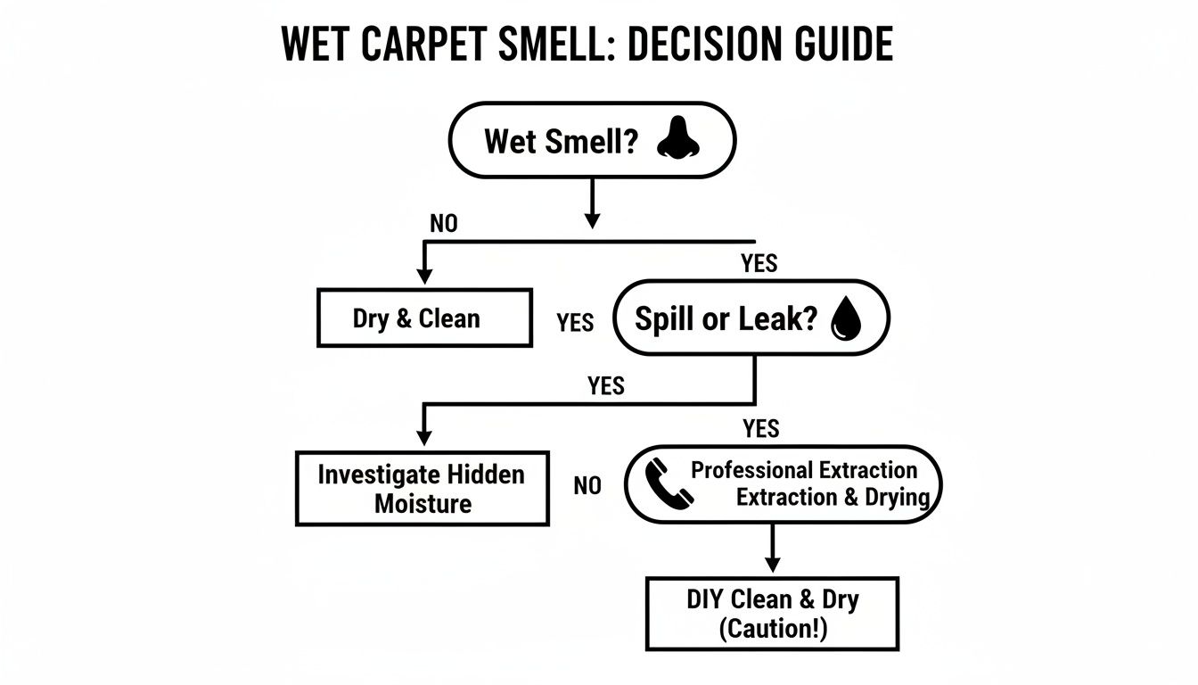 Flowchart decision guide for eliminating wet carpet smell, detailing steps and solutions.