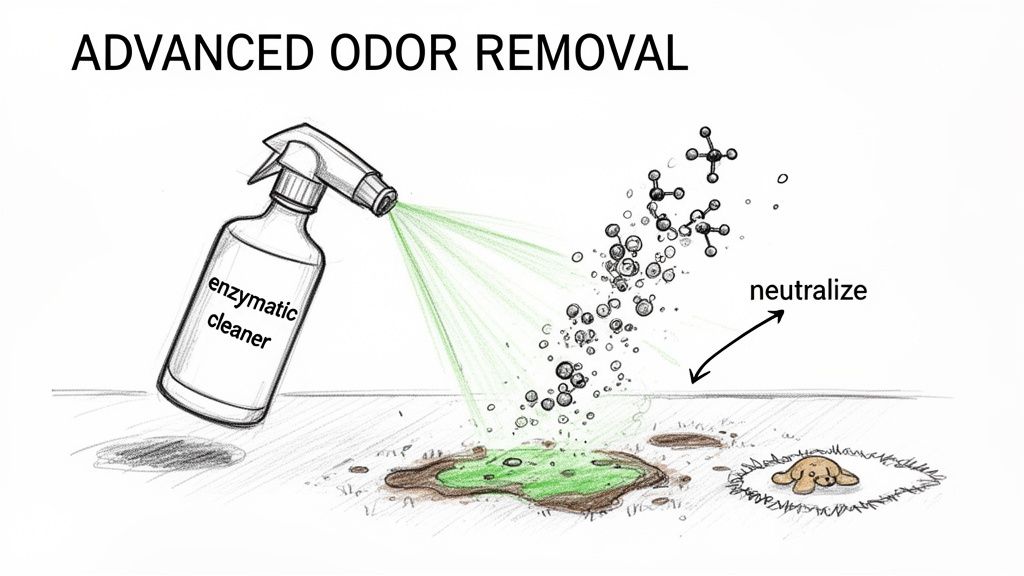 An enzymatic cleaner spray neutralizes odor molecules on a stain, demonstrating advanced odor removal.