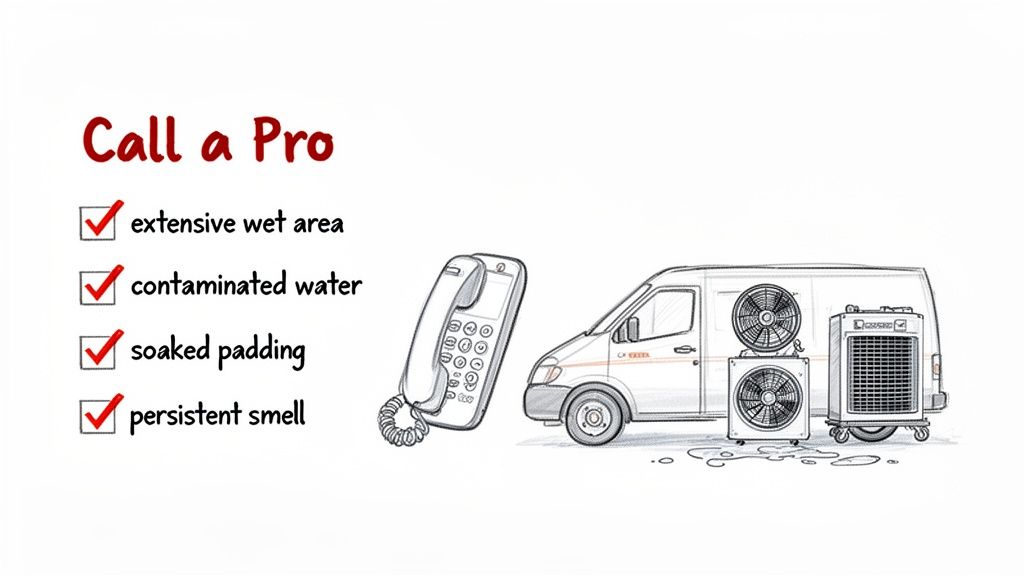 An illustration of when to call a pro for water damage, showing a checklist, phone, van, and drying equipment.