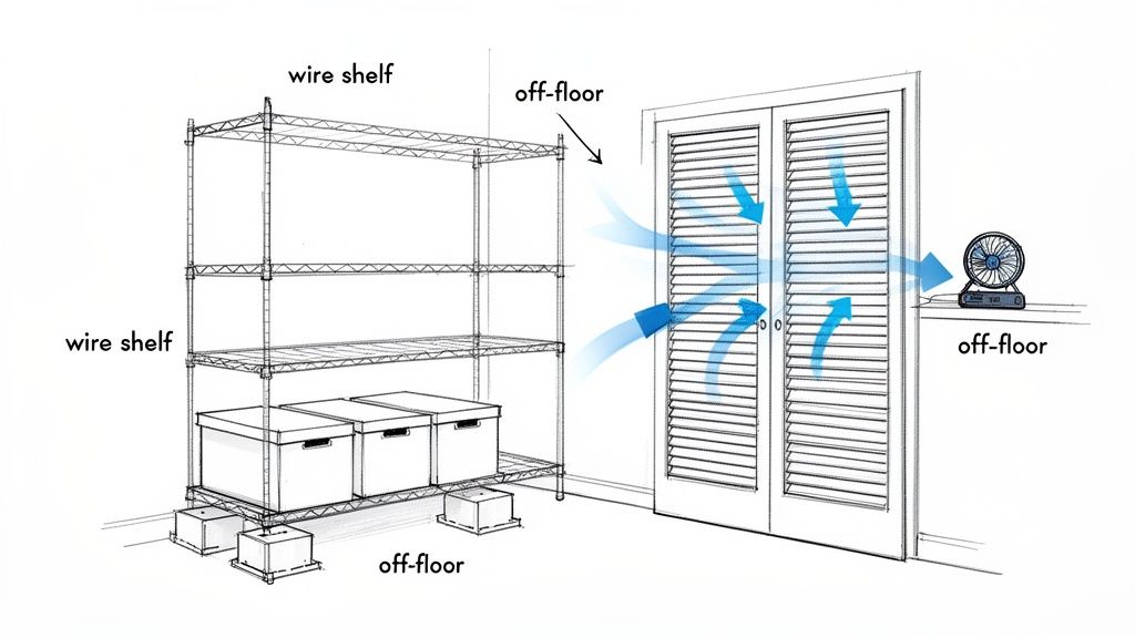 Diagram illustrating wire shelving and a fan used for optimal air circulation and off-floor storage to prevent mold.
