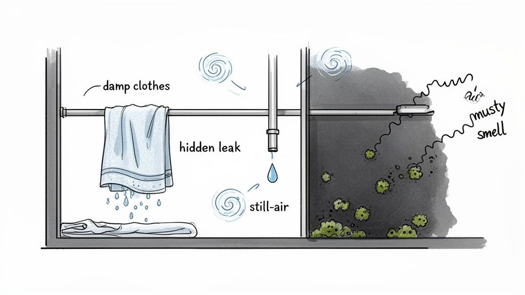 Illustration showing a closet with damp clothes, a hidden leak, still air, and mold growth causing a musty smell.