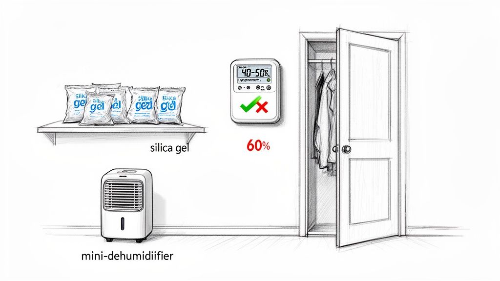 Illustration demonstrating humidity control for closet mold prevention using silica gel, a dehumidifier, and a hygrometer.