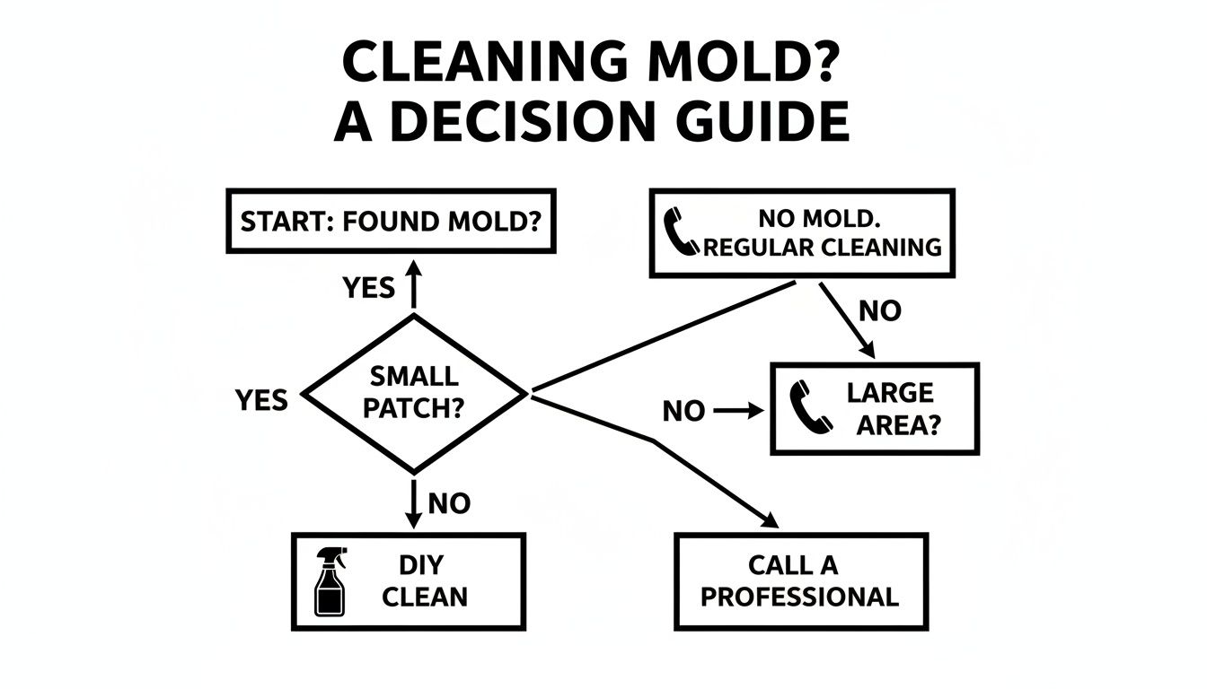 A flowchart guiding mold cleaning decisions: identifying mold, assessing patch size, and recommending DIY or professional action.