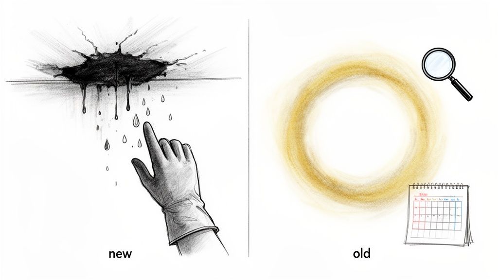 Image illustrating new water damage with drips and a hand, contrasted with old water damage showing a ring, magnifying glass, and calendar.