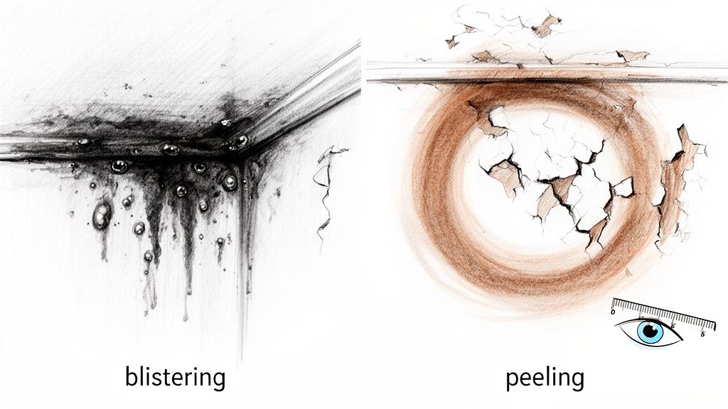 Illustration showing two types of water damage: blistering with dark drips and peeling with cracked brown paint.