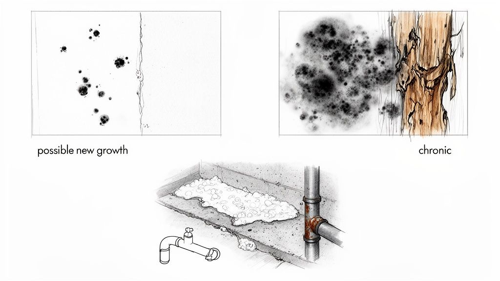 Illustrations depicting possible new mold growth, chronic mold with wood rot, and water damage from a leaky basement pipe.