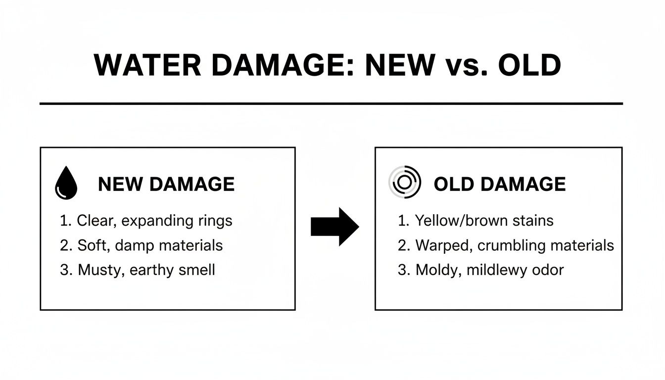 Diagram comparing characteristics of new water damage (clear rings, damp) versus old water damage (stains, mold).