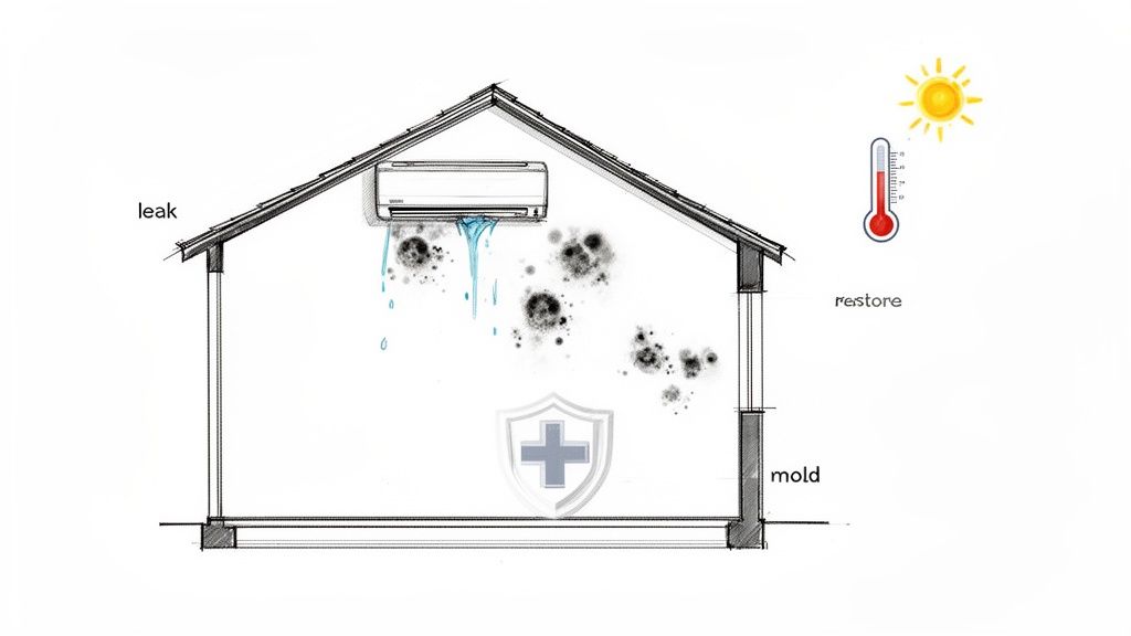 Cross-section of a house showing a leaking AC unit causing mold growth, with symbols for heat and restoration.