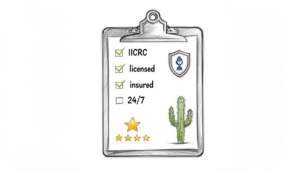 A clipboard checklist indicating IICRC certified, licensed, insured services, with a rating and cactus.