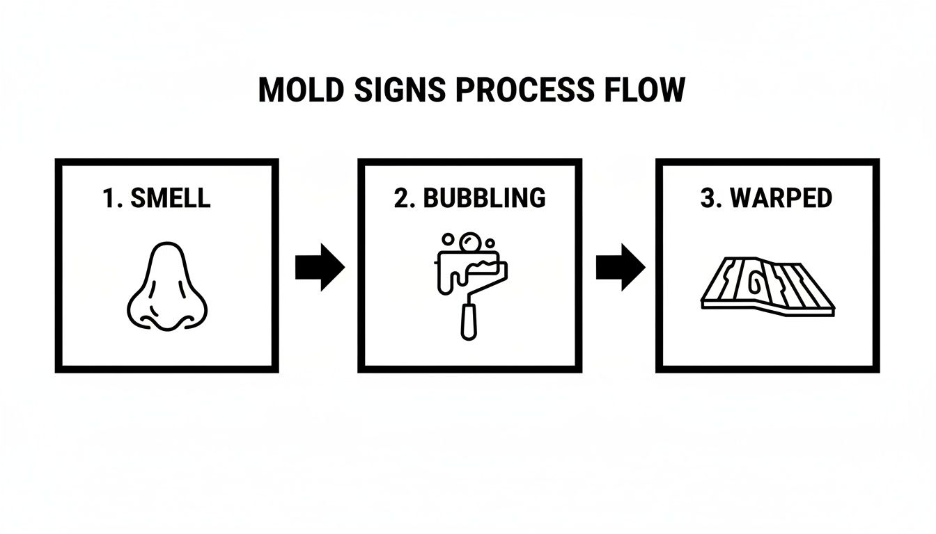 A flowchart showing mold signs process: 1. Smell (nose icon), 2. Bubbling (paint roller icon), 3. Warped (floor icon).