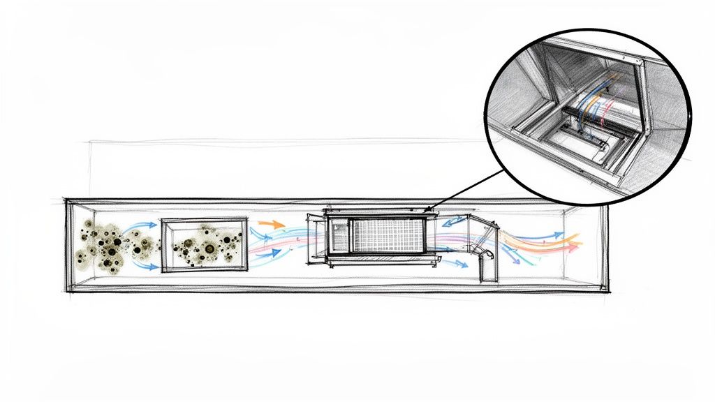 Diagram of an HVAC system showing mold, airflow, and a detailed view of an air purification unit.