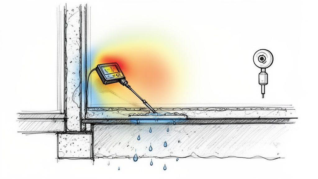 A diagram shows a moisture meter detecting hidden moisture in a building wall and floor for mold inspection.