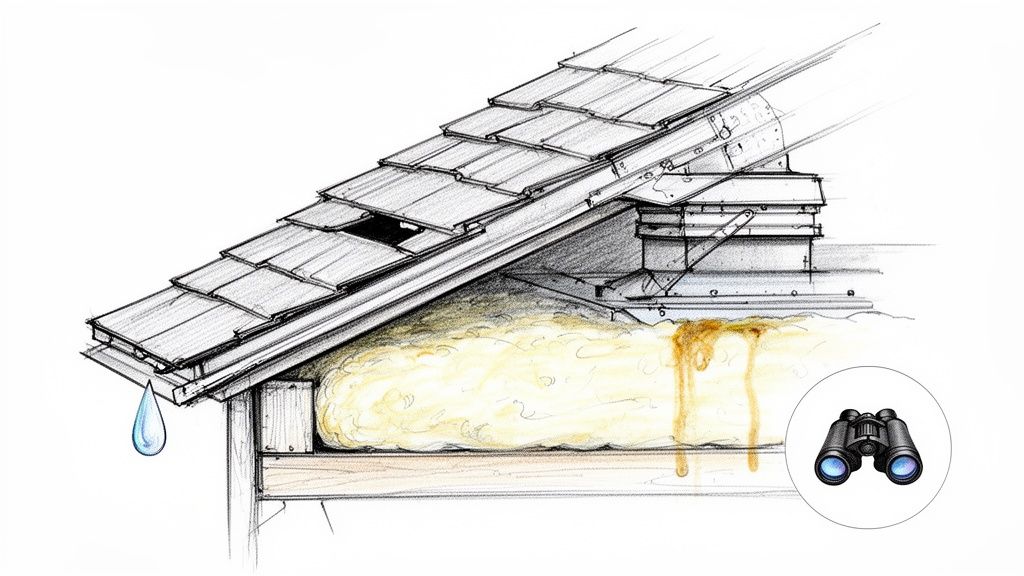 Illustration of a roof leak, water dripping onto insulation, and damaged shingles.