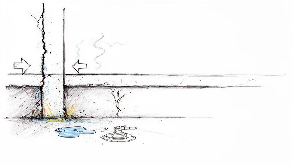 Illustration of a cracked wall, water leakage, colorful splashes, and a device for moisture problems.