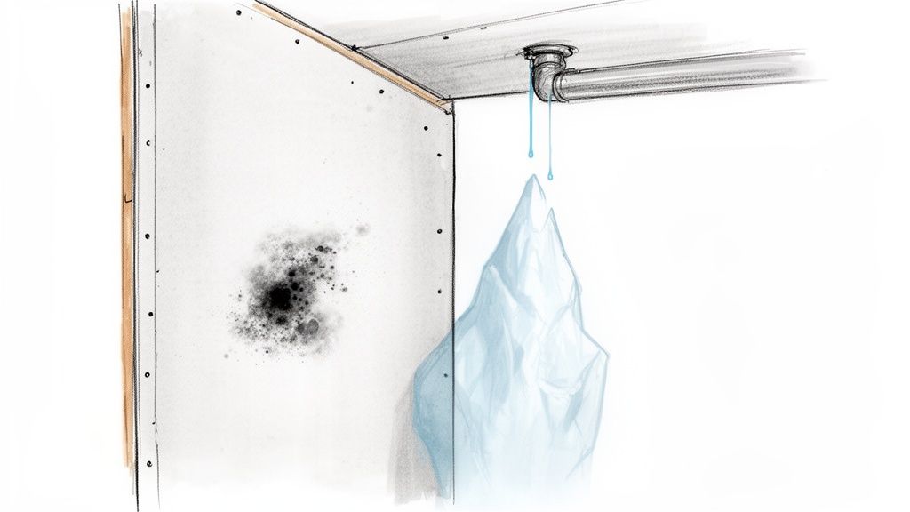 Illustration of a leaky pipe causing black mold on drywall and a large iceberg of hidden water damage.