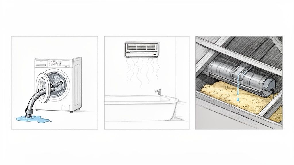 Three illustrations depicting common household water damage sources: a leaky washing machine, an AC unit, and a dripping duct.