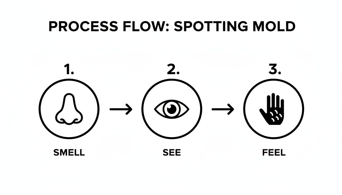 A three-step process flow for spotting mold, illustrating smell, see, and feel.