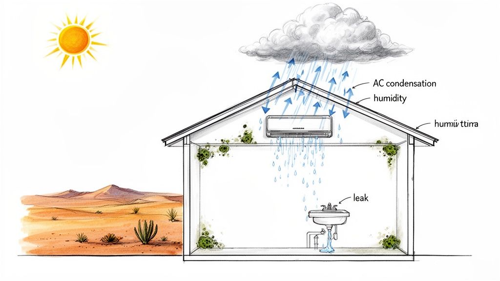 Diagram of a house showing AC condensation, humidity, and a leaky sink causing mold in a desert.