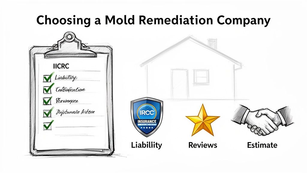 A visual guide and checklist for choosing a mold remediation company, highlighting liability, certification, reviews, and estimates.