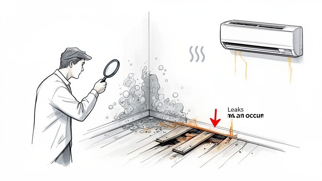 A man inspects mold and water damage from a leaking air conditioner in a room.