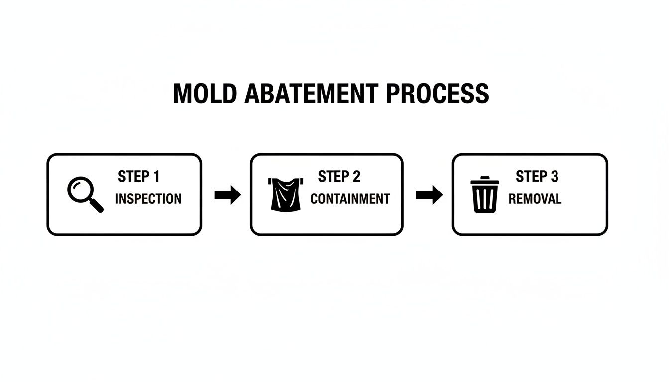 Flowchart illustrating the three-step mold abatement process: inspection, containment, and removal with icons.